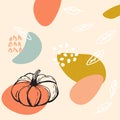 Cute autumn vector abstract background with blots, dots and hand drawn pumpkin