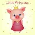 Cute avatar of a little pig princess with blue eyes. 3d animal with a crown in a red dress and a gold medal on a ribbon Royalty Free Stock Photo