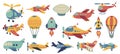 Cute aviation. Doodle colorful air transport, funny airplane helicopter hot air balloon blimp rocket, childish toy aircraft