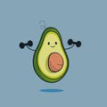 Cute Avocado cartoon character doing exercises with dumbbells. Eating healthy and fitness.