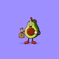 Cute Avocado character with money eyes and holding money bag. Fruit character icon concept isolated. Emoji Sticker. flat cartoon Royalty Free Stock Photo