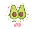 Cute avocado couple in love. Two avocado halves hugging, heart and lettering quote. Royalty Free Stock Photo