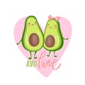 Cute avocado couple in love. Two avocado halves hugging, heart and lettering quote AVOLOVE. Royalty Free Stock Photo