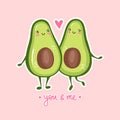 Cute avocado couple in love. Two avocado halves hugging
