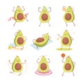 Cute Avocado Doing Fitness Exercises Set, Funny Fruit Character Doing Sports, Healthy Eating and Lifestyle, Fitness