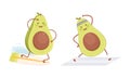 Cute avocado doing sports set. Funny healthy nutritious fruit doing gymnastic cartoon vector illustration