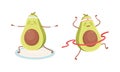 Cute avocado doing sports set. Funny healthy nutritious fruit doing yoga and running cartoon vector illustration