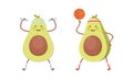 Cute avocado doing sports set. Funny healthy nutritious fruit lifting dumbbells and playing basketball cartoon vector