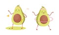 Cute avocado doing sports set. Funny healthy nutritious fruit playing golf and spinning hula hoop cartoon vector