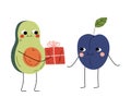 Cute Avocado Giving Gift Box to Smiling Plum, Cheerful Fruits Characters with Funny Faces, Best Friends, Happy Couple in Royalty Free Stock Photo