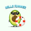 Cute avocado mascot carrying a float with summer greetings