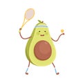 Cute Avocado Playing Tennis, Funny Fruit Character Doing Sports, Healthy Eating and Lifestyle, Fitness Concept Cartoon