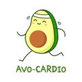 Cute avocado running. Avo-Cardio pun. Cute avocado cartoon character works out.