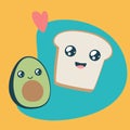 Cute avocado and toast. Kawaii breakfast. Funny characters of bread and avocado on colorful background. Royalty Free Stock Photo