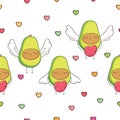 Cute avocados with wings and hearts. Cool seamless pattern for gift wrap, textile or book covers, wallpapers and scrapbook.