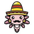 A cute axolotl animal cartoon character wearing a Mexican hat