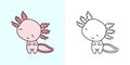 Cute Axolotl Clipart for Coloring Page and Illustration. Happy Clip Art Axolotl. Vector Illustration of a Kawaii Animal