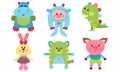 Six Cute Babies Animals Cartoon Characters Colorful Vector Illustration Set