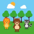 Cute babies lion bear raccoon animals in the forest landscape