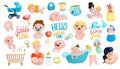 Cute babies, parents and accessories cartoon stickers set