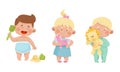 Cute babies playing toys set. Lovely toddler boys and girl holding lion, horse and scoop cartoon vector illustration