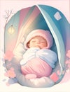 Cute babies sleeping under a blanket with a toy bunny. Sleeping baby in cartoon style, Illustration style