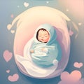 Cute babies sleeping under a blanket with a toy bunny. Sleeping baby in cartoon style, Illustration style