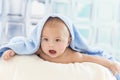 Cute baby with adorable face in bath towel after Royalty Free Stock Photo