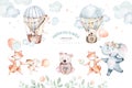 Cute baby air balloon birthday party nursery watercolor dancing fox, elephant and bunny, crocodile, giraffe nad bear