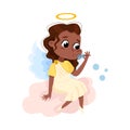 Cute Baby Angel Blowing Soap Bubbles while Sitting on Cloud, Angelic Girl with Wings and Halo Cartoon Style Vector