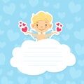 Cute Baby Angel on Cloud with Space for Text, Adorable Little Cupid in Heaven with Hearts in his Hands Style Vector Royalty Free Stock Photo