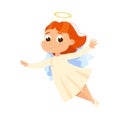 Cute Baby Angel Flying in Sky, Angelic Girl with Wings and Halo Cartoon Style Vector Illustration Royalty Free Stock Photo