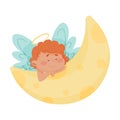 Cute Baby Angel with Gold Nimbus and Wings Sleeping on Crescent Vector Illustration Royalty Free Stock Photo