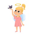 Cute Baby Angel with Little Bird, Angelic Girl with Wings and Halo Cartoon Style Vector Illustration Royalty Free Stock Photo