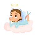 Cute Baby Angel Lying on Cloud, Angelic Girl with Wings and Halo Cartoon Style Vector Illustration Royalty Free Stock Photo