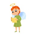 Cute Baby Angel Read Book, Angelic Girl with Wings and Halo Cartoon Style Vector Illustration Royalty Free Stock Photo