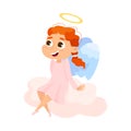 Cute Baby Angel Sitting on Cloud, Angelic Girl with Wings and Halo Cartoon Style Vector Illustration