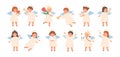 Cute baby angels flat vector illustrations set. Adorable little children with wings cartoon characters. Cheerful boys