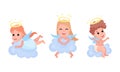 Cute Baby Angels with Nimbus and Wings Sitting on Clouds Vector Set Royalty Free Stock Photo