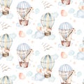 Cute baby animal and air balloon seamless pattern, giraffe and bunny, rabbit illustration for children clothing