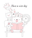 Cute baby animal with book cartoon hand drawn style,for printing,card, t shirt,banner,product