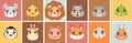 Cute baby animal faces. Animals emoticons, funny lion giraffe cat red fox. Cartoon childish stickers vector set Royalty Free Stock Photo