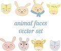 Cute baby animal faces, vector set of elements, kawaii Royalty Free Stock Photo