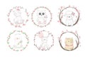 Cute baby animal with flower border cartoon hand drawn style,for printing,card, t shirt,banner,product.vector