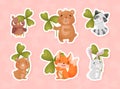 Cute Baby Animal with Three Leaf Clover Vector Sticker Set Royalty Free Stock Photo