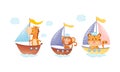 Cute baby animals captains set. Funny giraffe, monkey, tiger sailors characters sailing with wooden sailboats cartoon