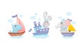 Cute baby animals captains set. Funny hippo, bunny, elephant sailors characters sailing on sailboats cartoon vector