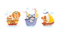 Cute baby animals captains set. Funny lion, raccoon, dog sailors characters floating on ships cartoon vector