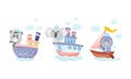 Cute baby animals captains set. Funny panda bear, koala, penguin sailors characters sailing on sailboats cartoon vector