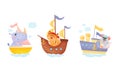 Cute baby animals captains set. Funny rhinoceros, cat, mouse sailors characters sailing on sailboats cartoon vector